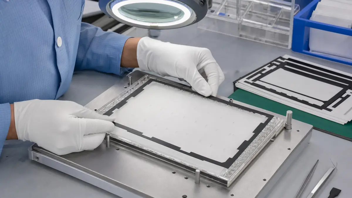 Technician aligning a black custom die-cut adhesive frame around an LCD backlight module